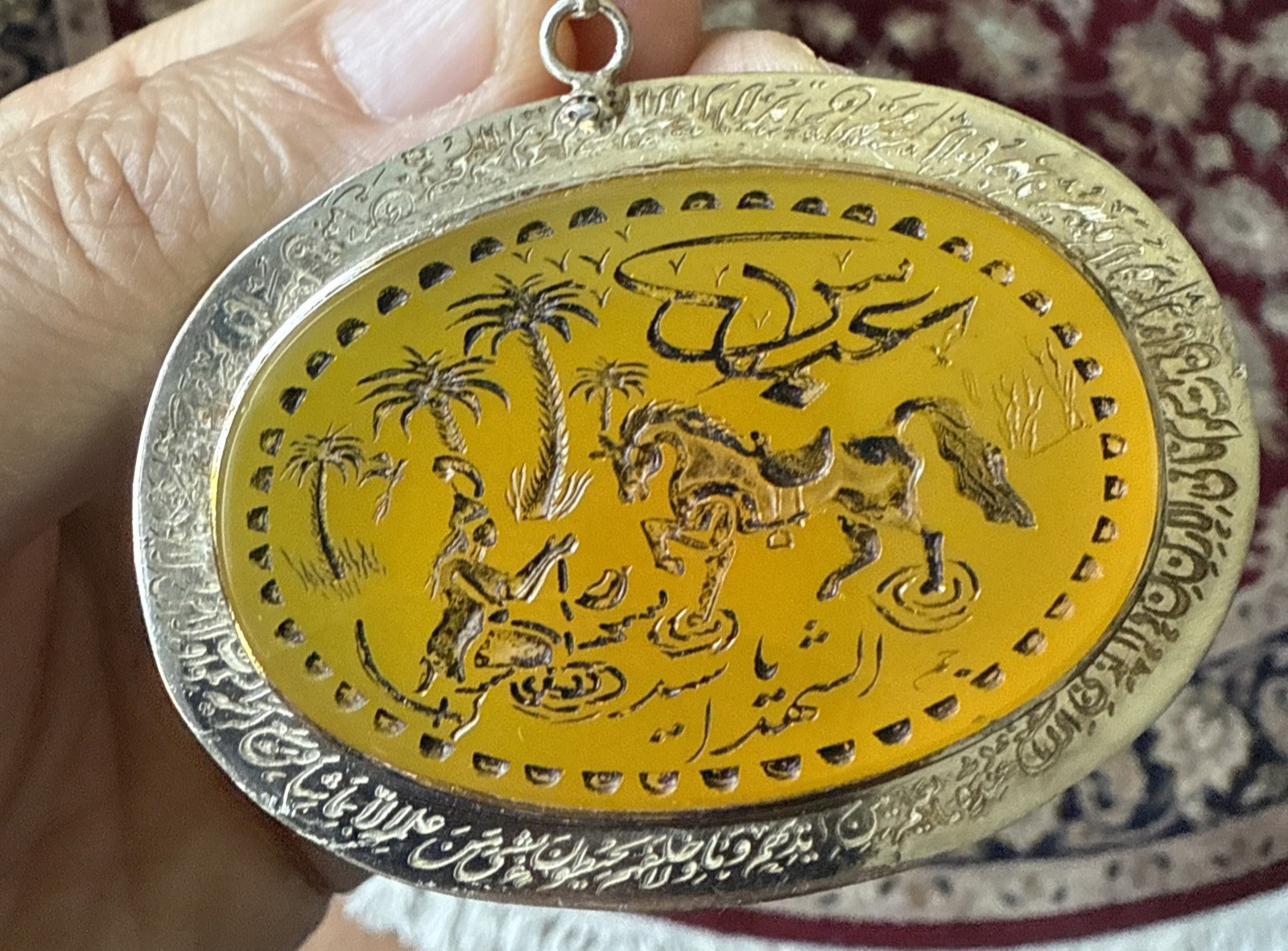 HAND ENGRAVED ABBAS ON DAY OF AHURA LARGE YELLOW AQEEQ 925 SILVER FRAME