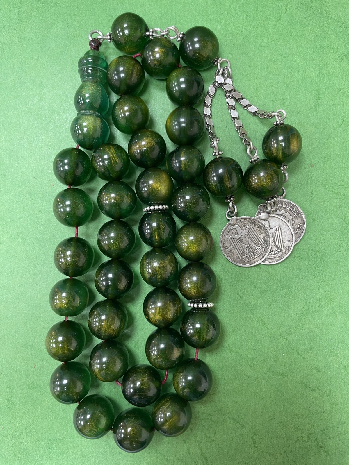 Antique Old Stardust Green Amber bakelite islamic Worry prayer 33 beads 105g R8
