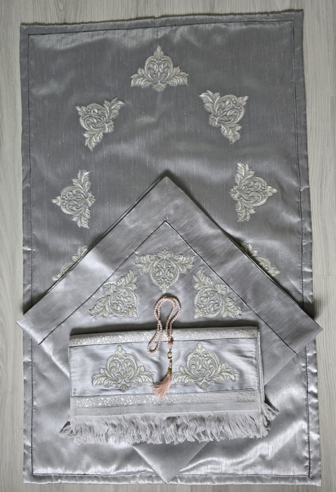 Luxury Ottoman Silk Prayer Mat Set French Guipure Lace Islamic Wedding Eid Gift