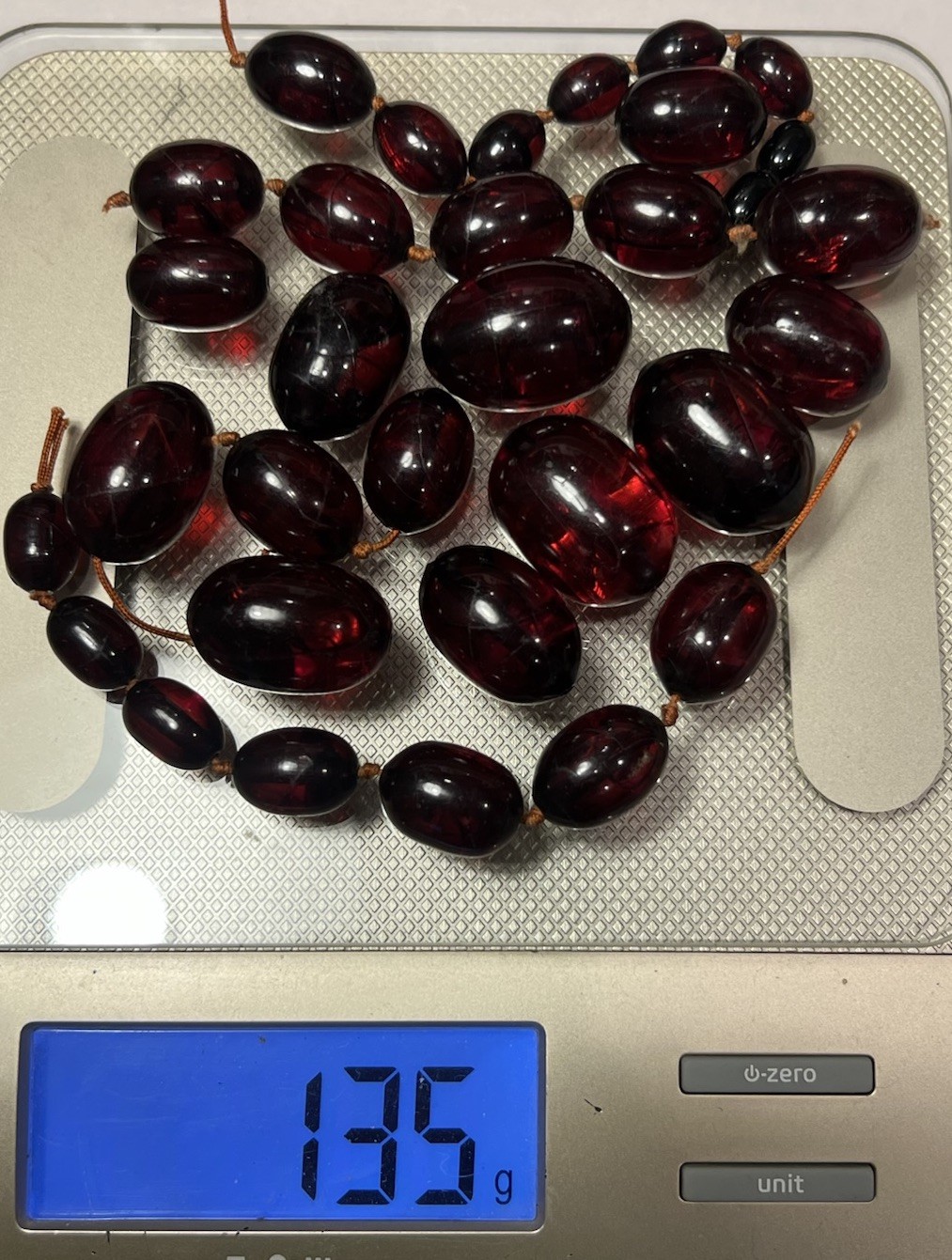 Antique Cherry Amber Bakelite Faturan Barrel Bead Necklace 135 grams Tested