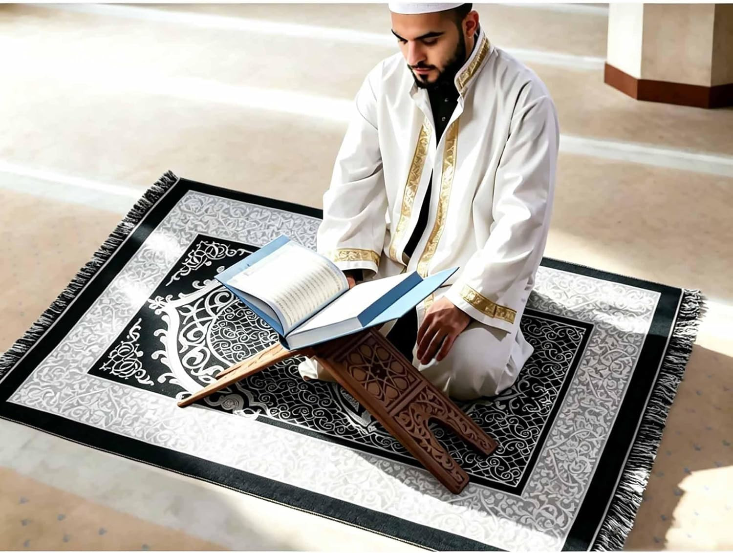 Muslim Prayer Rug and Prayer Beads with Gift Box, Soft Islamic Prayer Mat, Islam