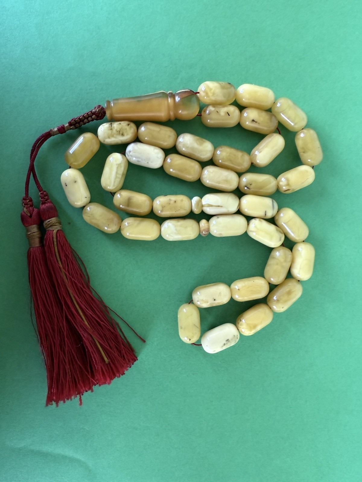 Vintage Natural Egg Yolk baltic amber Prayer Islamic 37 beads Silver -53g R3