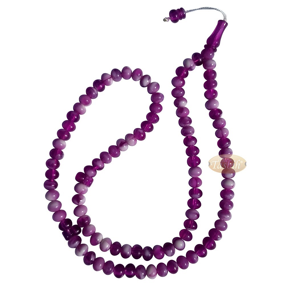 Marble White Purple 9x8mm Oval Hard Plastic Prayer Beads 99ct Dhikr Tasbih