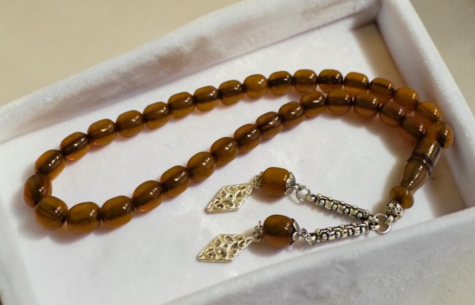 Faceted Brown Fire Bakelite Prayer Beads Misbaha Tasbih Barrel Cut Double Fine