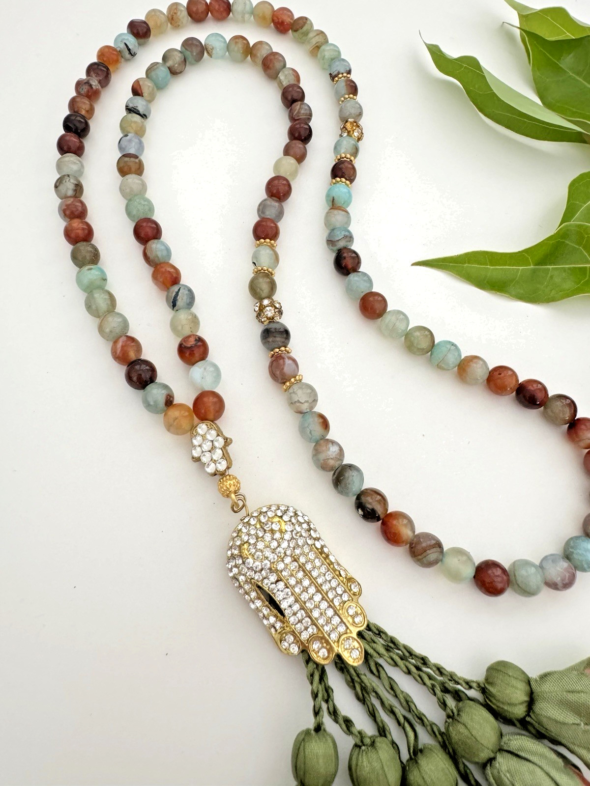Handmade Amazonite 99 Prayer Beads Islamic Tasbih Rosary Tasbeeh Silk Rose Gift