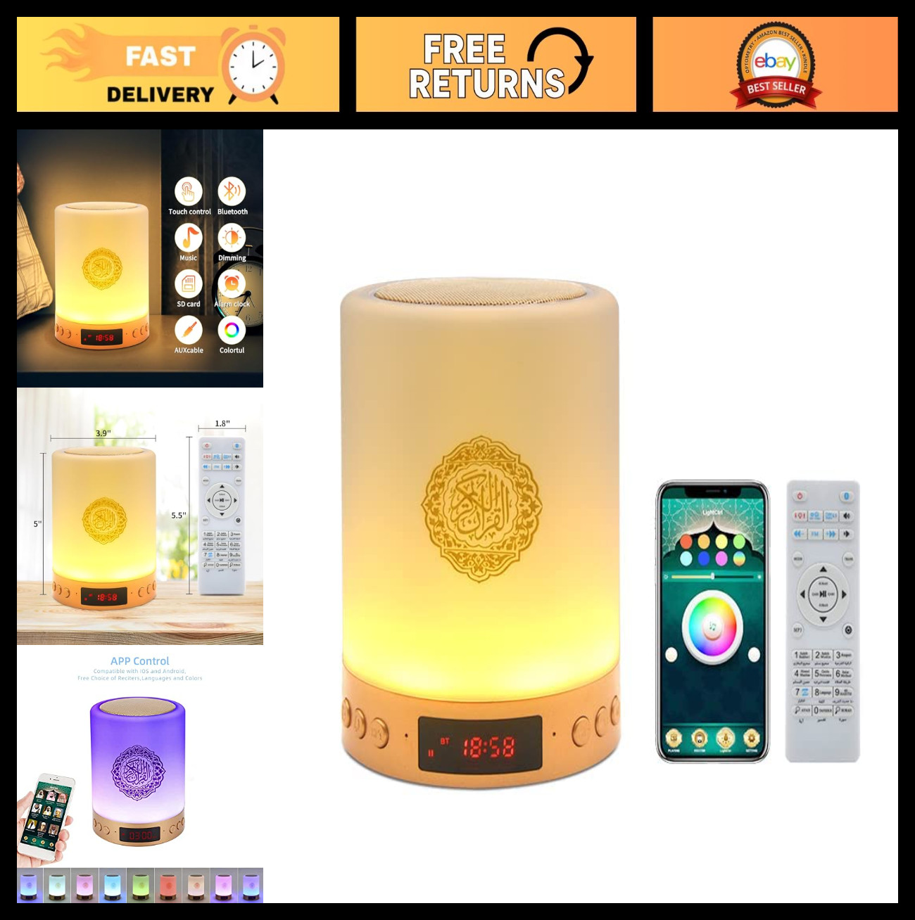 Portable LED Bluetooth Quran Speaker with Remote, Touch Control, MP3 Player & Ni