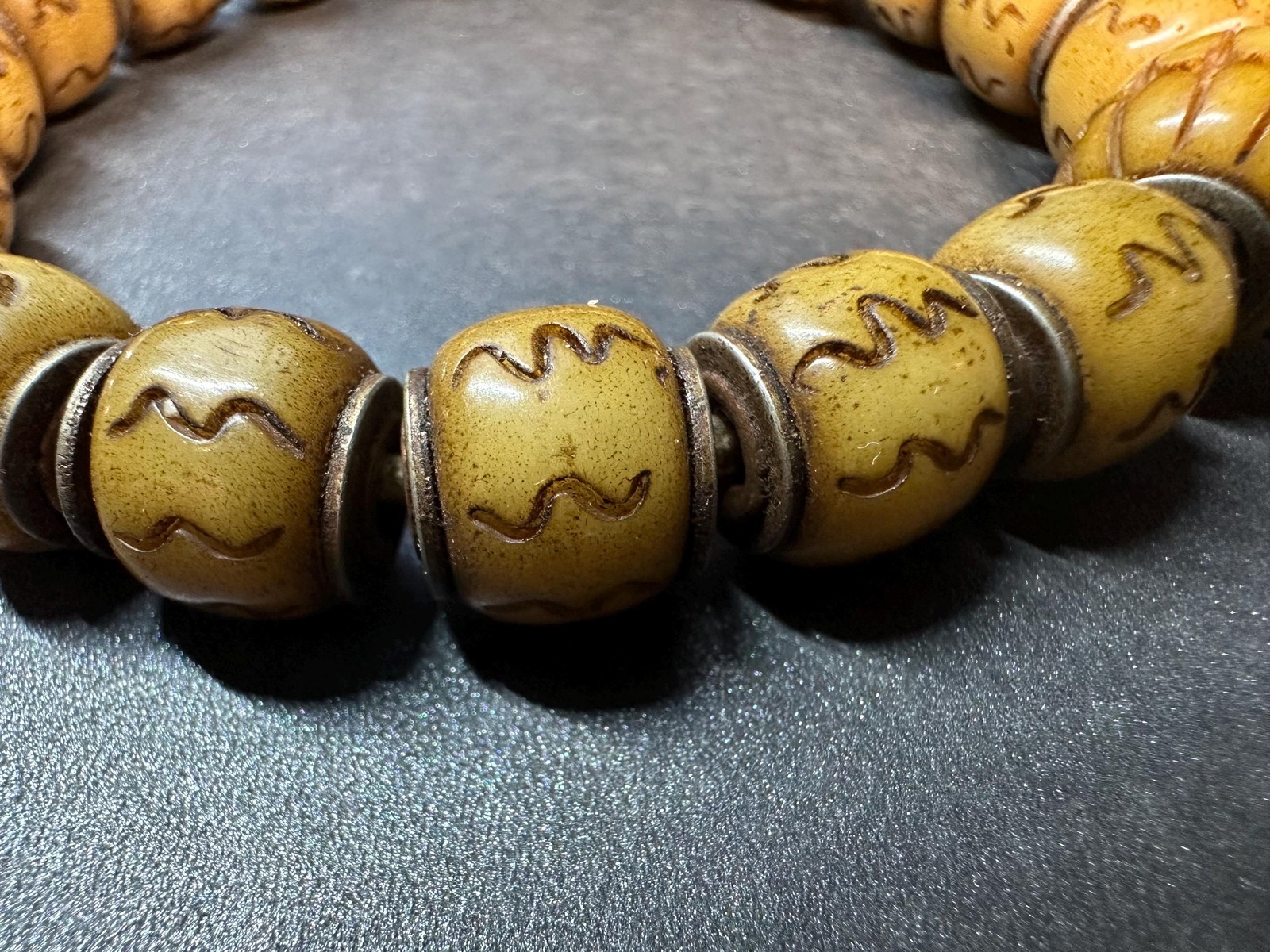 Hand-Carved Yak Bone Mala Bracelet | Tibetan Buddhist Prayer Beads | Wave Patte