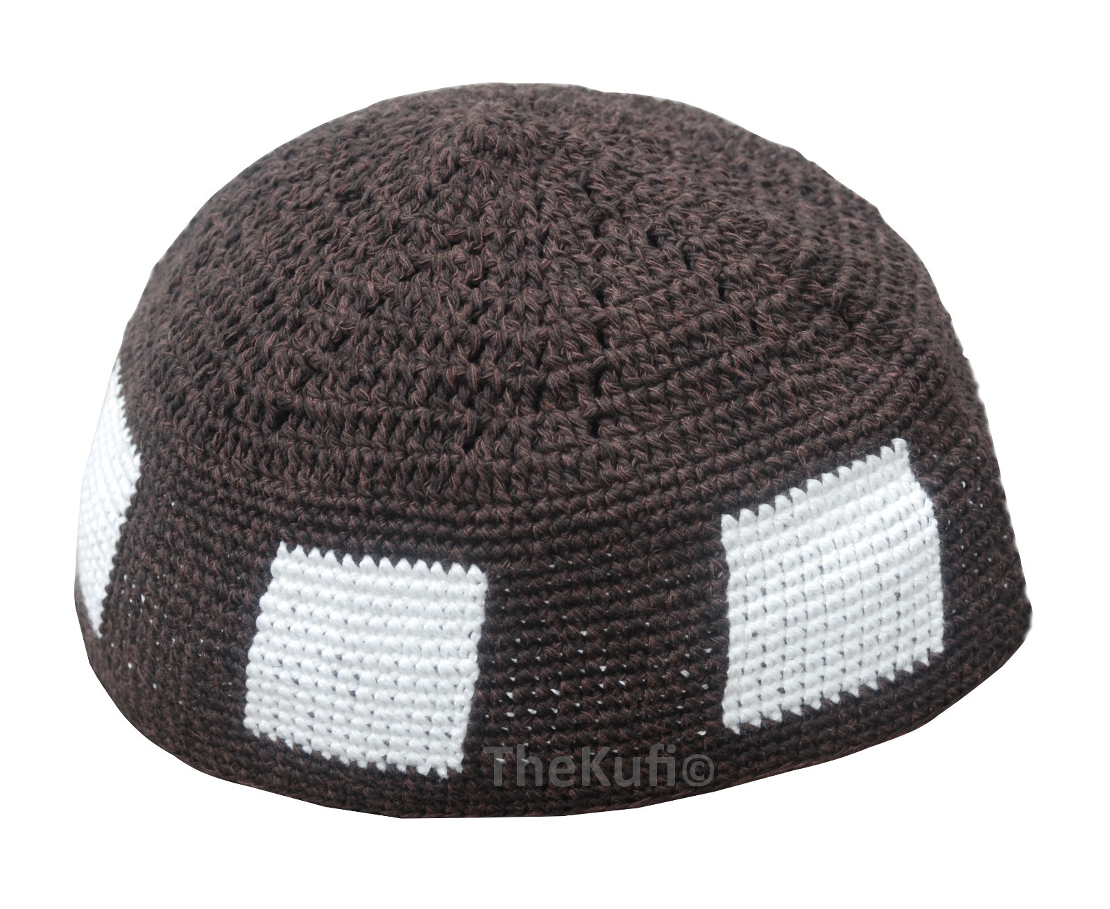 Dark Brown Hand-crocheted Durable Cotton Kufi Hat Cap White Squared Design