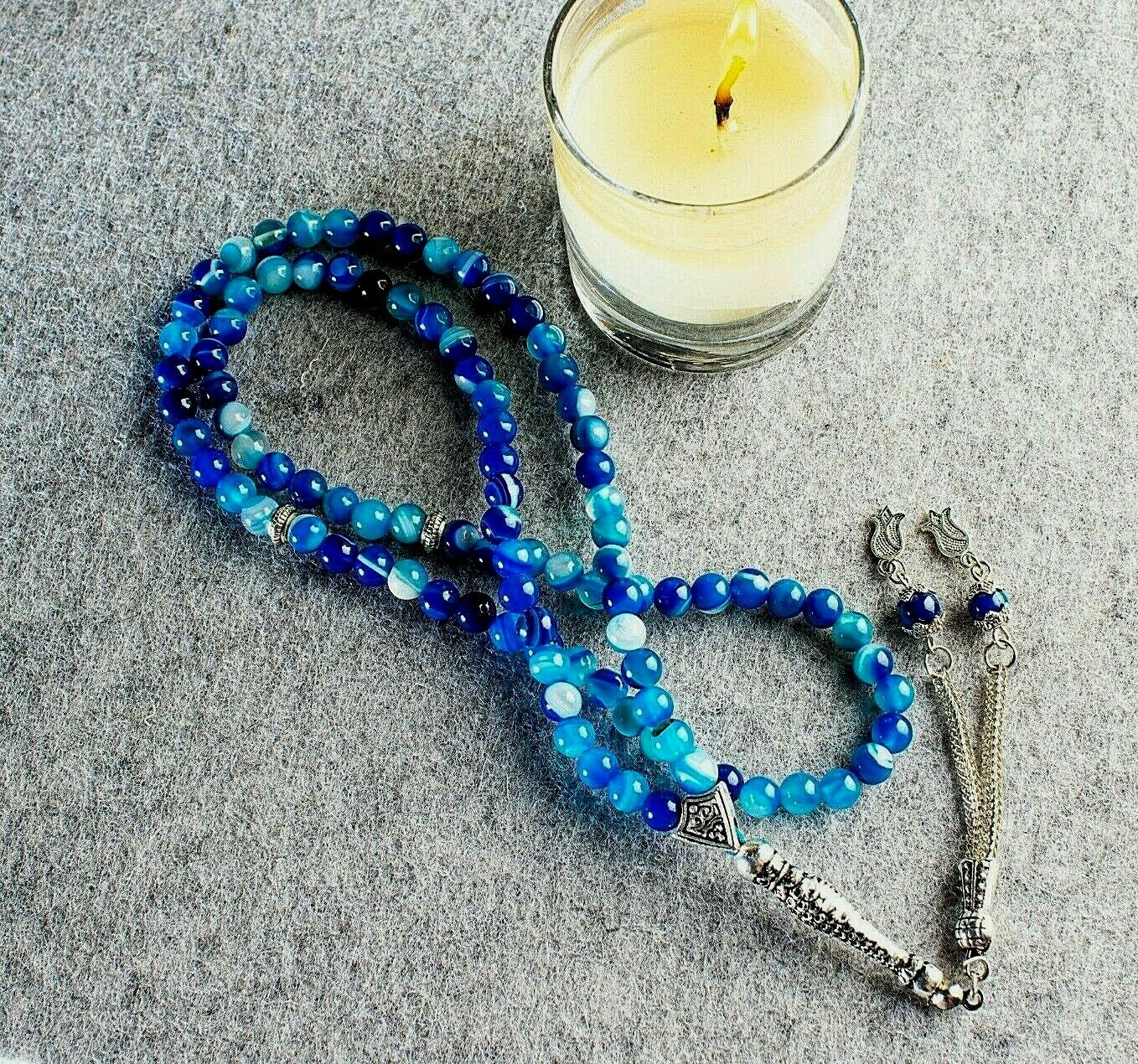 Blue Agate Aqeeq Islamic Prayer 99 beads, Tasbih, Misbaha, Tasbeeh, Sibha 6mm