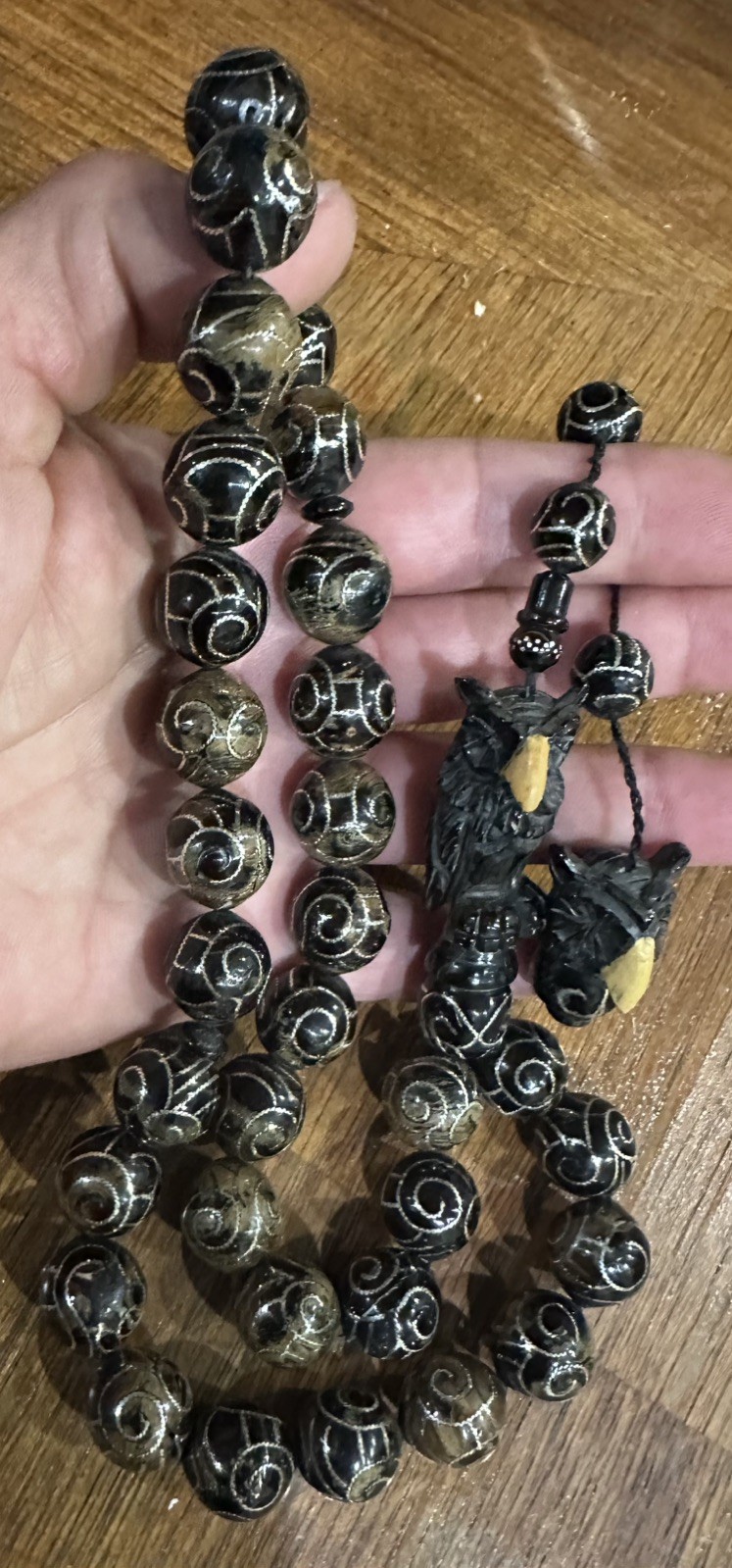 115 grams of luxury – Black Coral Islamic Prayer beads Silver inlayed. 15x16mm