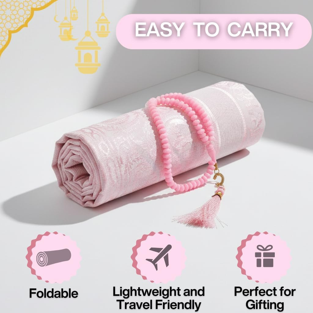 Muslim Prayer Rug with Islam Prayer Beads – Travel Prayer Mat, Islamic Gifts for