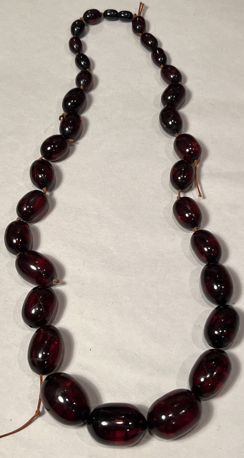 Antique Cherry Amber Bakelite Faturan Barrel Bead Necklace 135 grams Tested