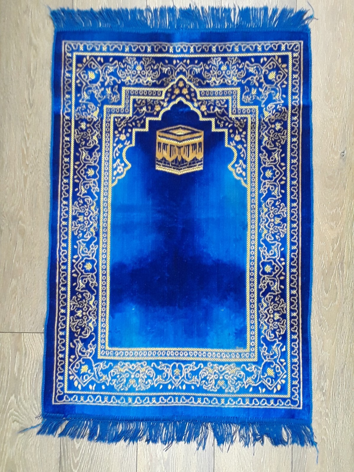 Prayer Rug Made In Turkey Royal Blue and Gold Fajr Asar 43 x 26 1/2