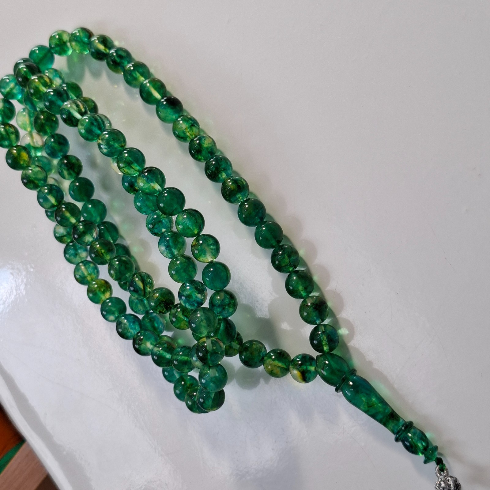 Amber Rosary – 99 sphere Beads, 8.7 mm, Green Amber Rosary 38gram Pressed amber