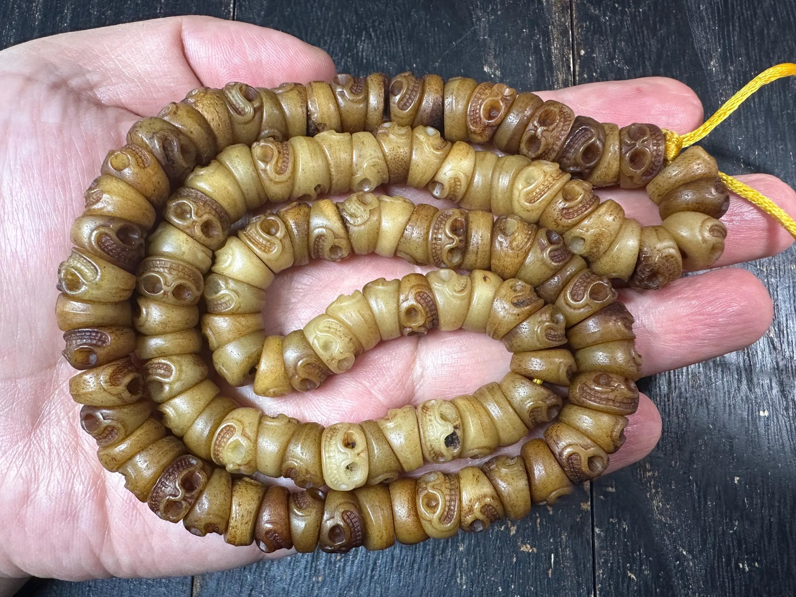 Hand-Carved Yak Bone Citipati Skull Mala Beads, 12mm, 26 Inches Tibetan Buddhis