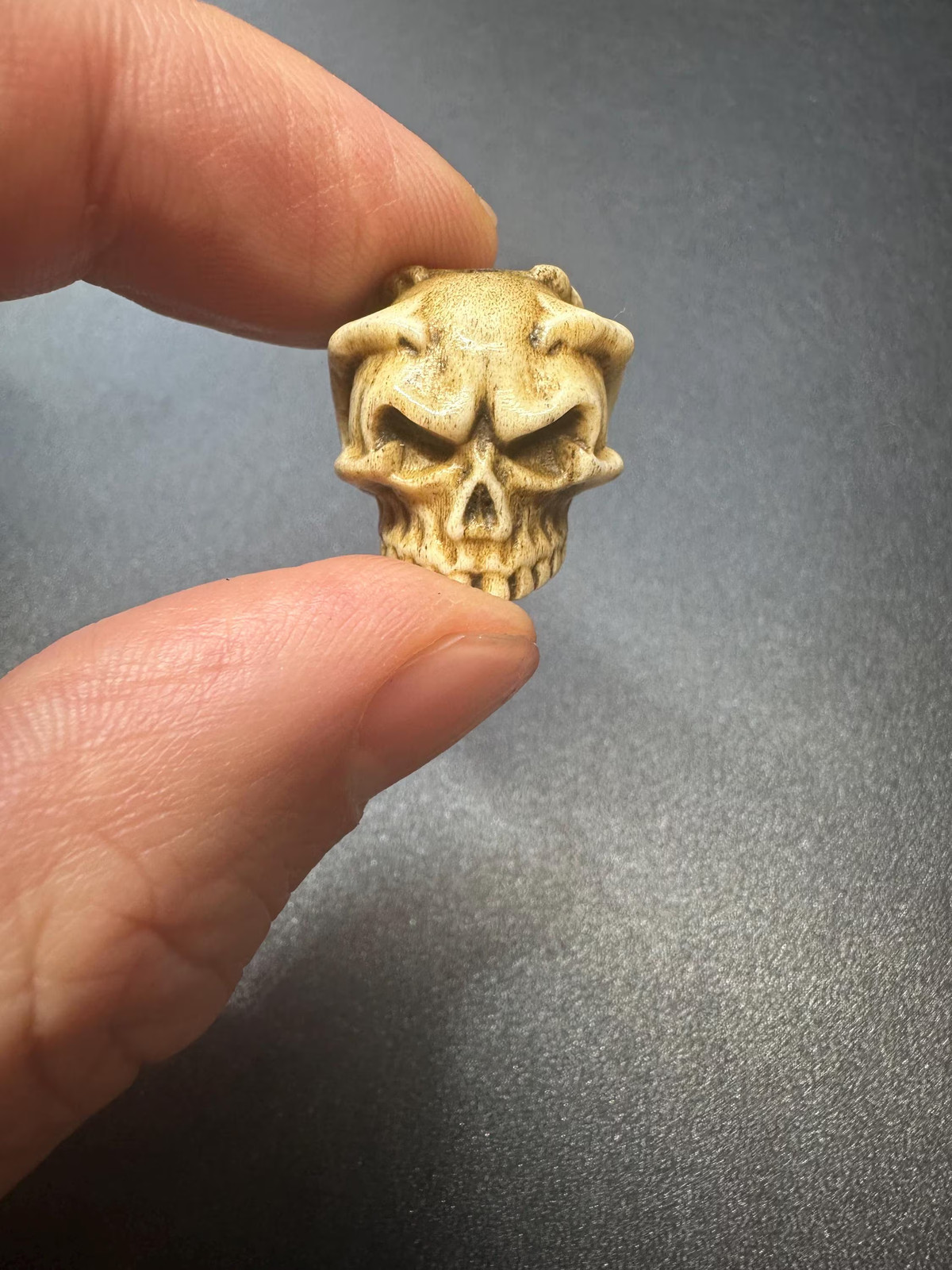Hand-Carved Antler Citipati Skull Guru Bead with Grasping Hand Tibetan Charnel