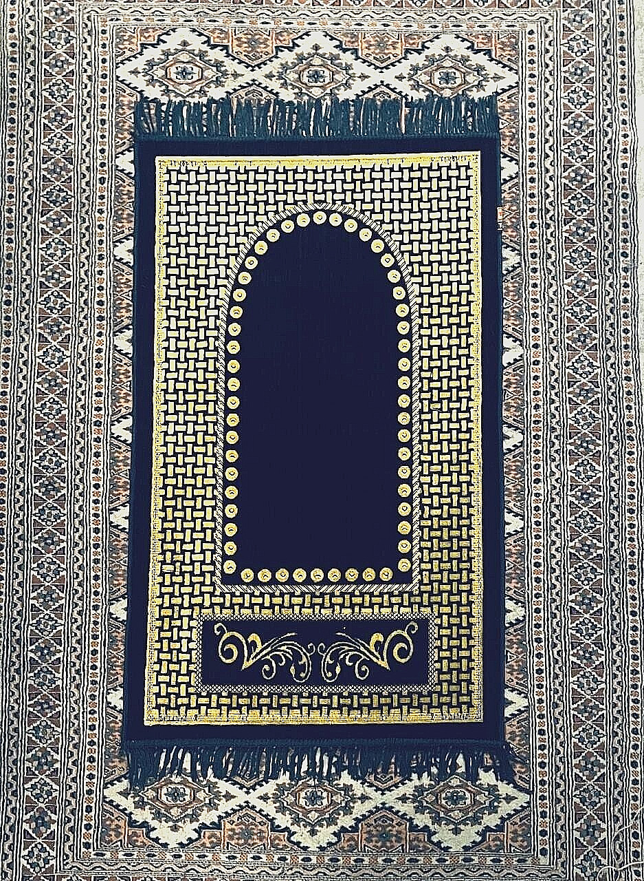 Prayer Rug Navy Blue with Intricate Gold Motif Jaanemaaz/Sejjadah