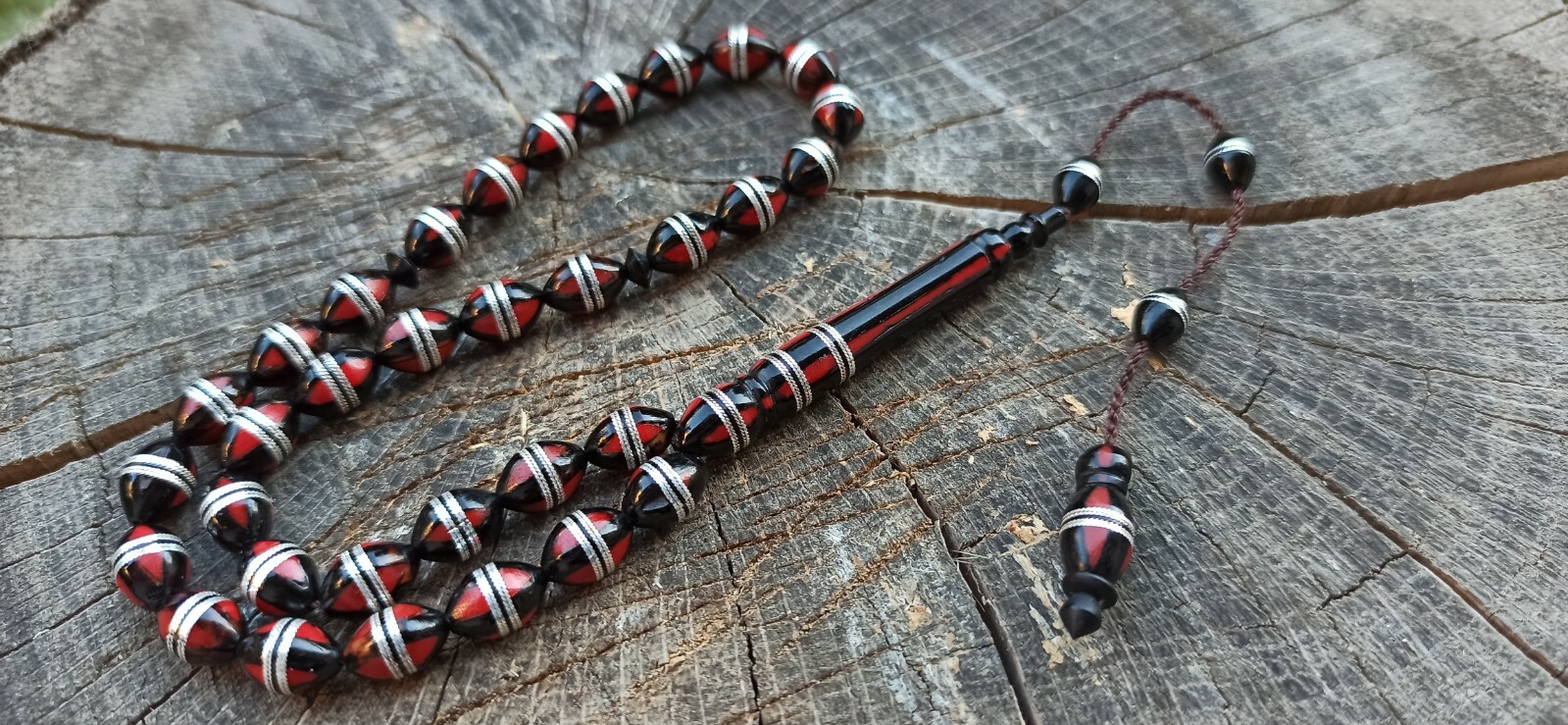 Islamic Prayer Beads, NATURAL COCO KUKA WOOD, SILVER MOTIF, GUMUS ISLEMELI KUKA