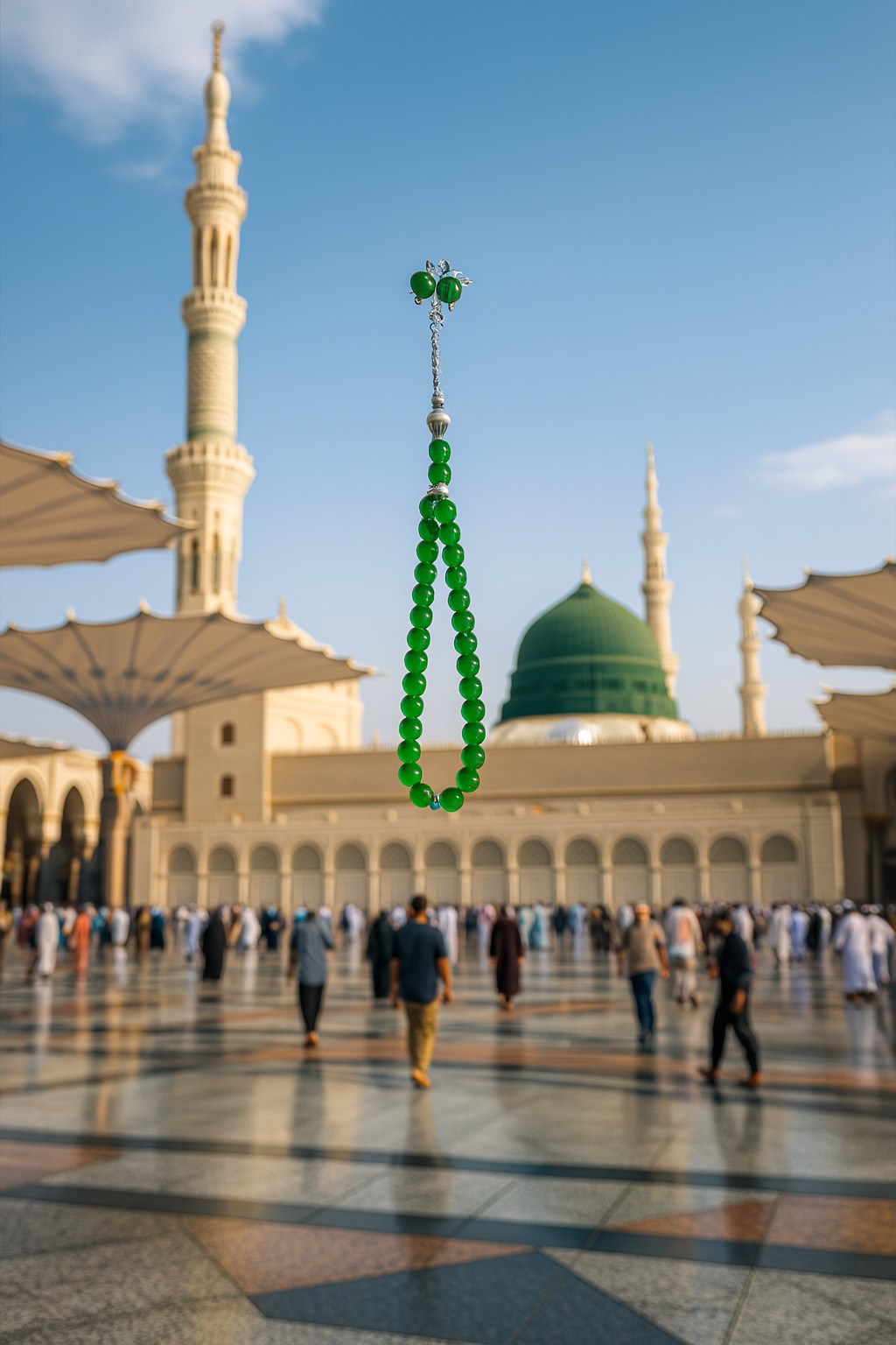 Green Glass Tasbih 33 Beads Islamic Prayer Beads Misbaha with Silver Tassel