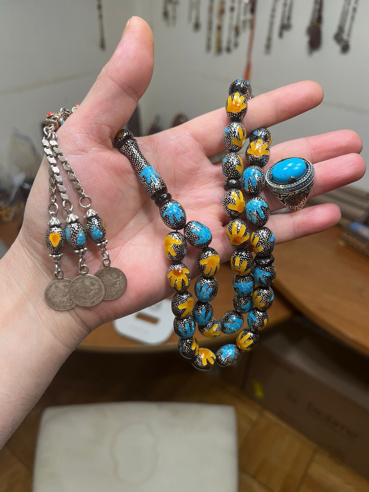 tasbih 33, ,Yusr Inlaid With Kahraman And Firuz. Beads Size 14x13mm