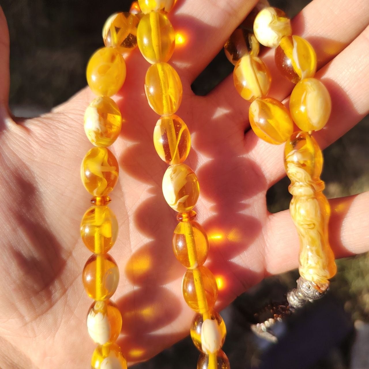 Vintage Islamic Butterscotch Amber Color Tasbih 33Beads Prayer 51g Ottoman Coins