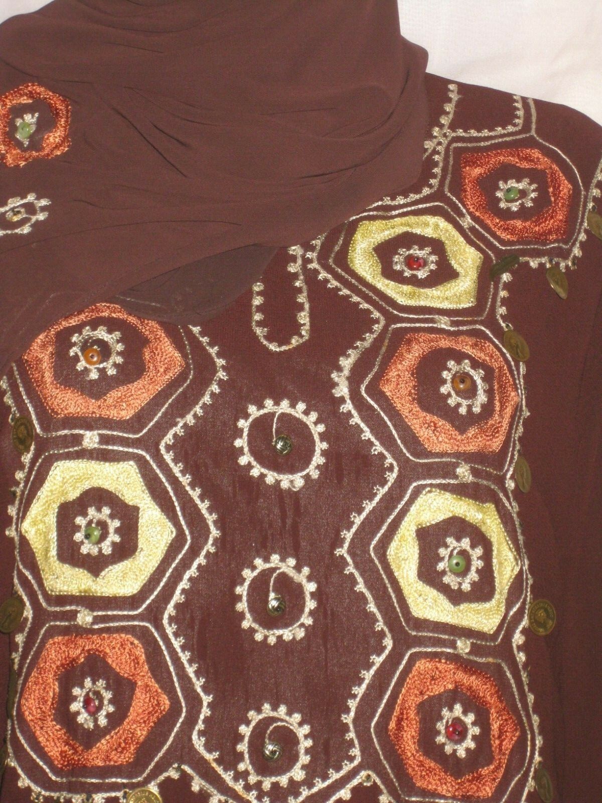 EC XL 2 layers crepe brown yellow abaya & scarf hijab jilbab dress Islam EID