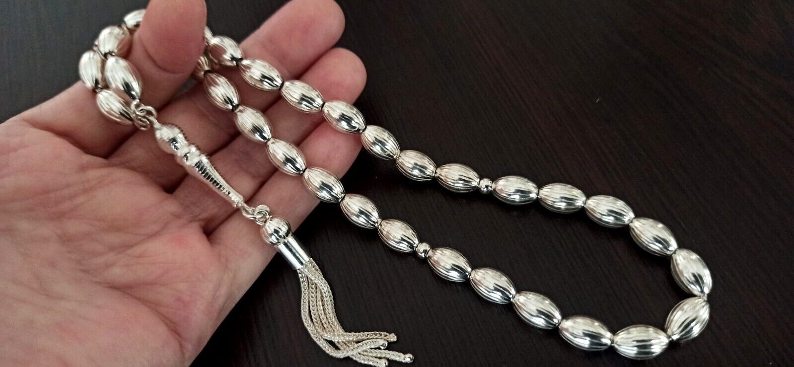 ISLAMIC PRAYER BEADS, SILVER ROSARY, MISBAHA, ALL SILVER TASBIH, FUL SILVER 35GR