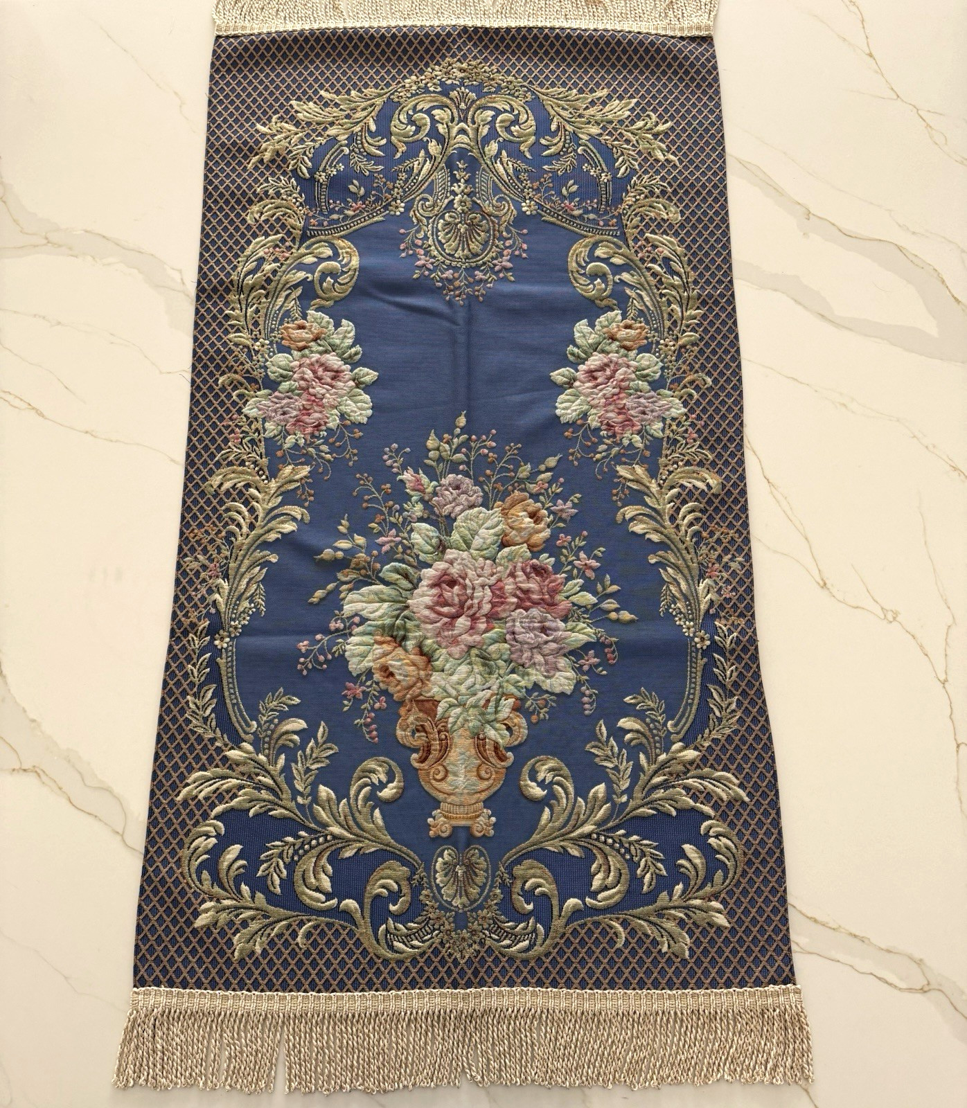 Elegant Blue Floral Janamaz 48×26 , Turkish Silk Viscose Prayer Rug gift