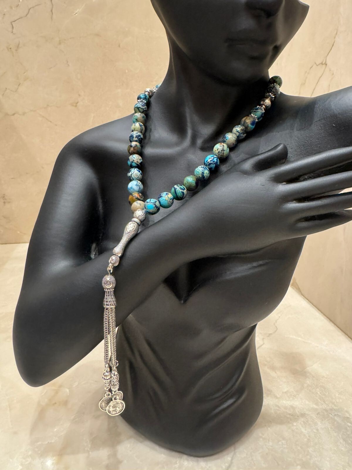 Blue Sea Sediment Imperial Jasper prayer Beads Islamic Rosary Misbaha 10 mm