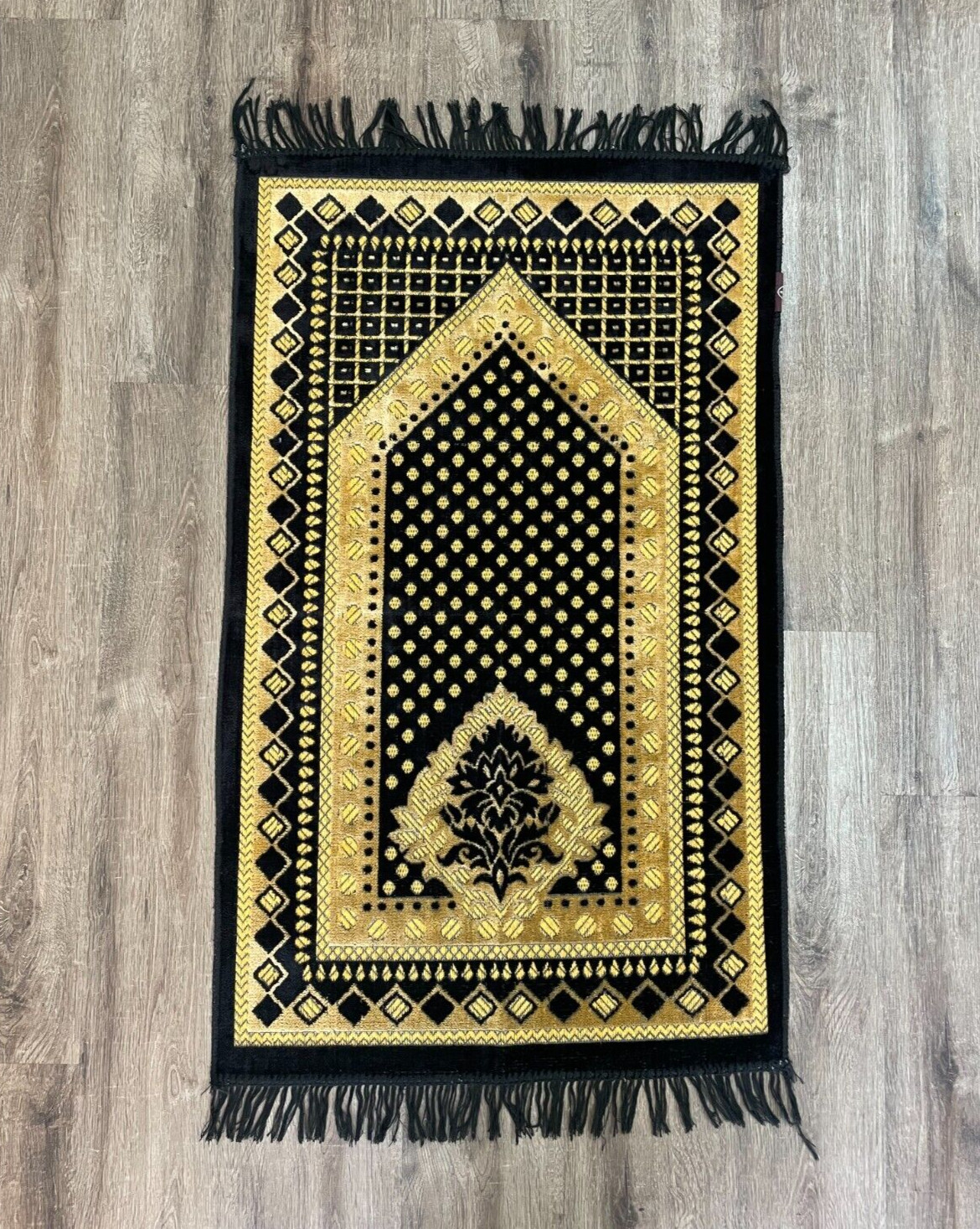 Prayer Rug Black Pattern with Intricate Gold motif Janemaaz/Sajadah for Hajj/Eid