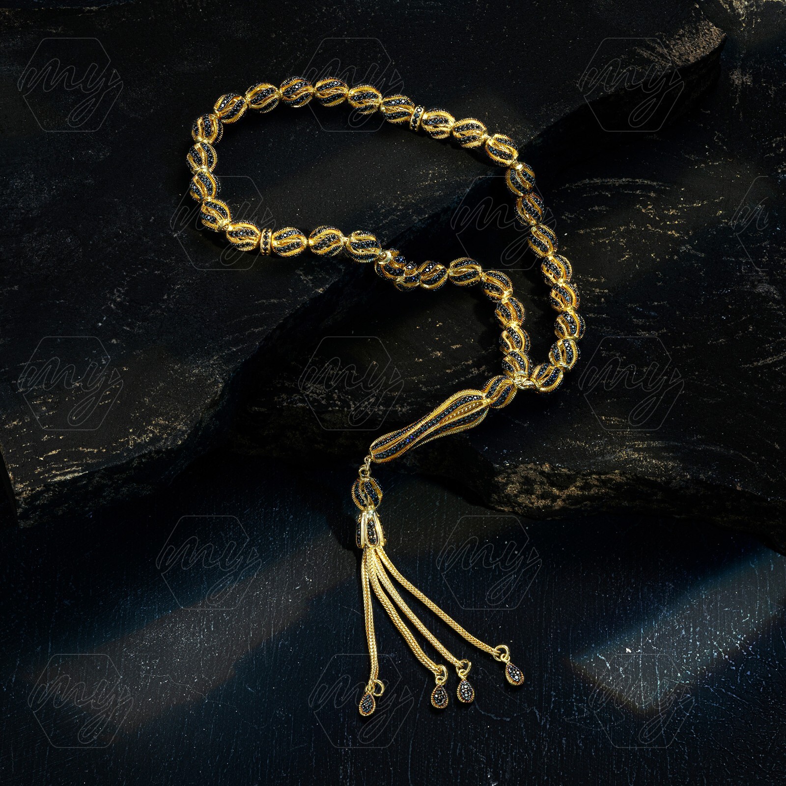 925 Sterling Silver Gold Plated Onyx Islamic Prayer Beads Rosary Tasbeeh Misbaha