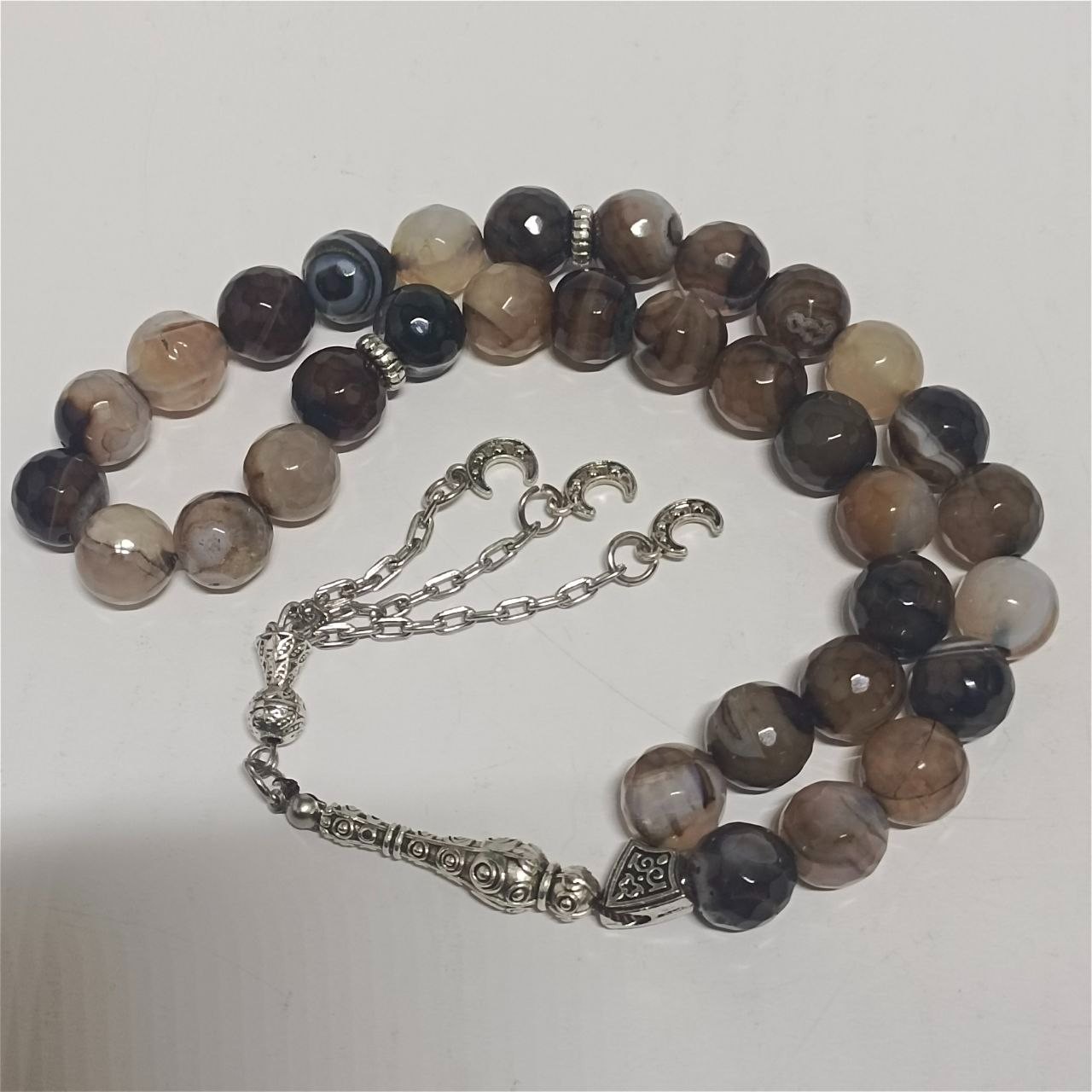 33 Handmade Agate Stone Prayer Beads Tasbih with Silver Crescent Charms Tassel