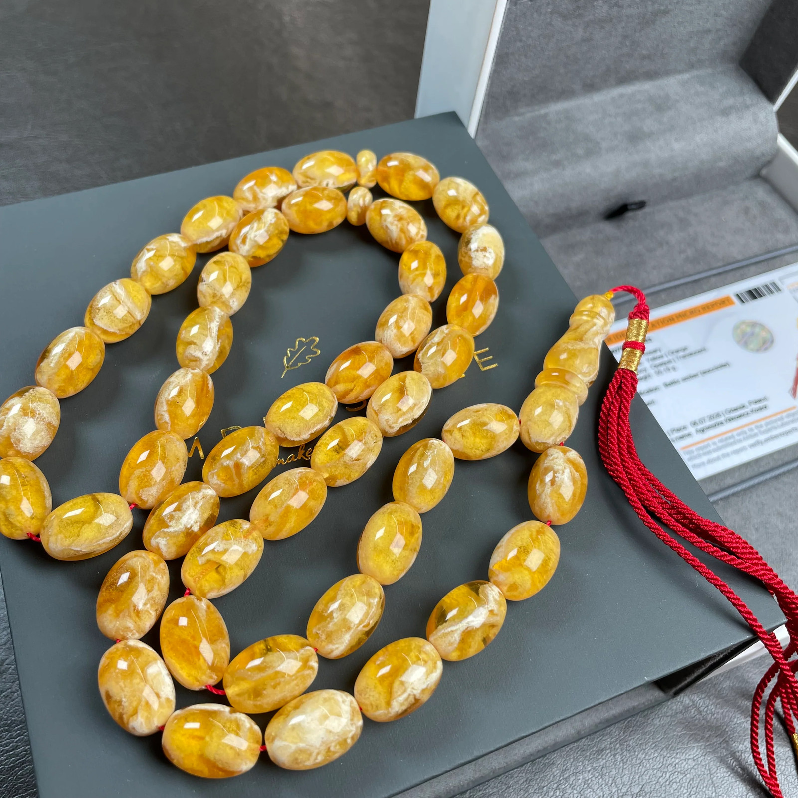Handmade Honey Amber Misbaha 11x15mm 55,19g 45 beads LAB certificate