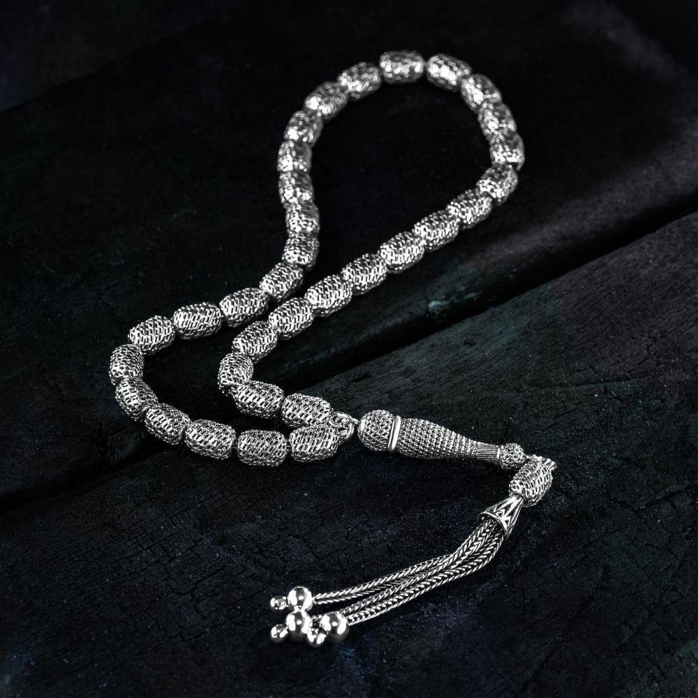 Handmade 925 Sterling Silver Capsule Cut Textured Fusion Rosary Tesbih 19g