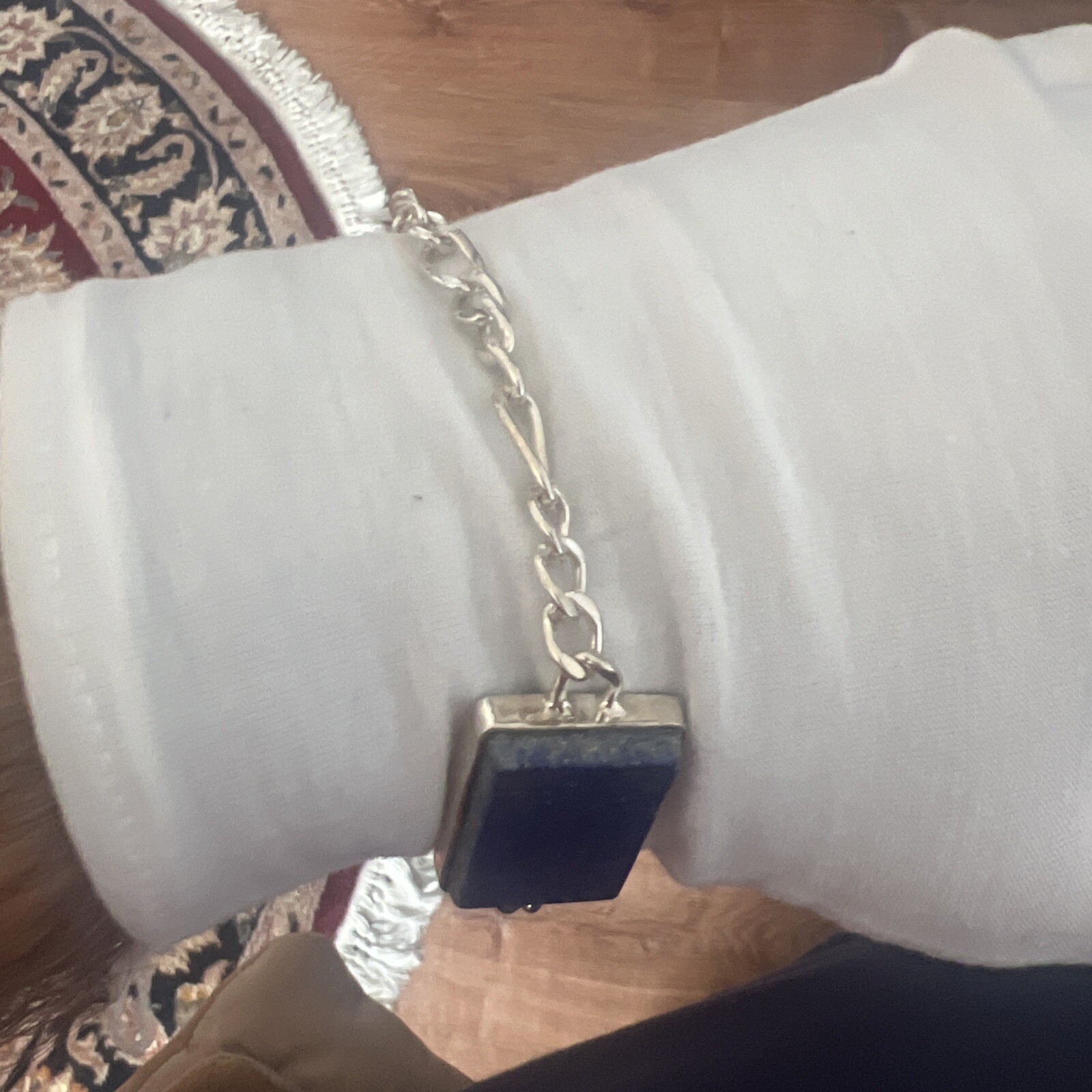 SILVER Bracelet Men’s/ Women’s Wristband PLAIN SQUARE LAPIS SILVER FRAME 22cm
