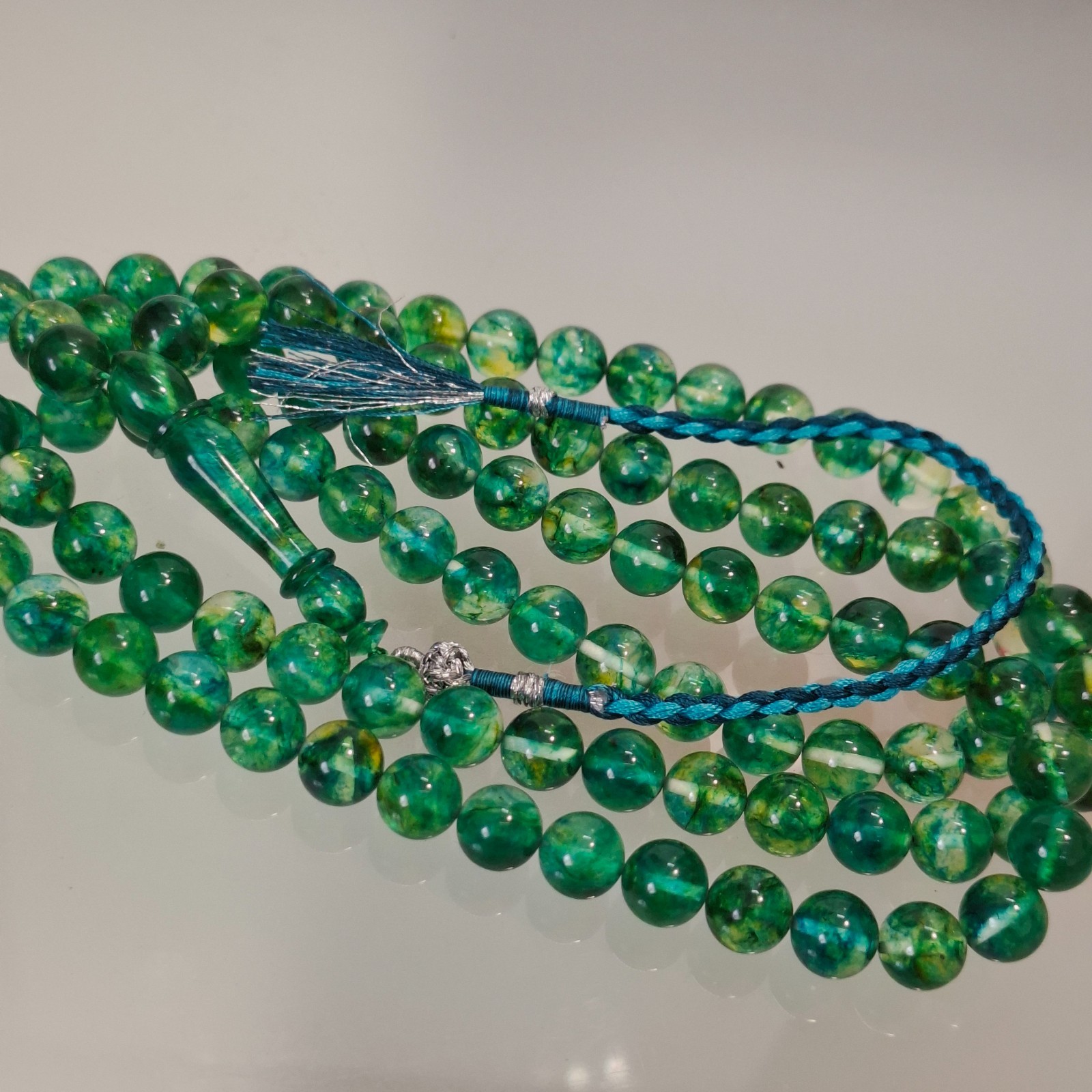 Amber Rosary – 99 sphere Beads, 8.7 mm, Green Amber Rosary 38gram Pressed amber