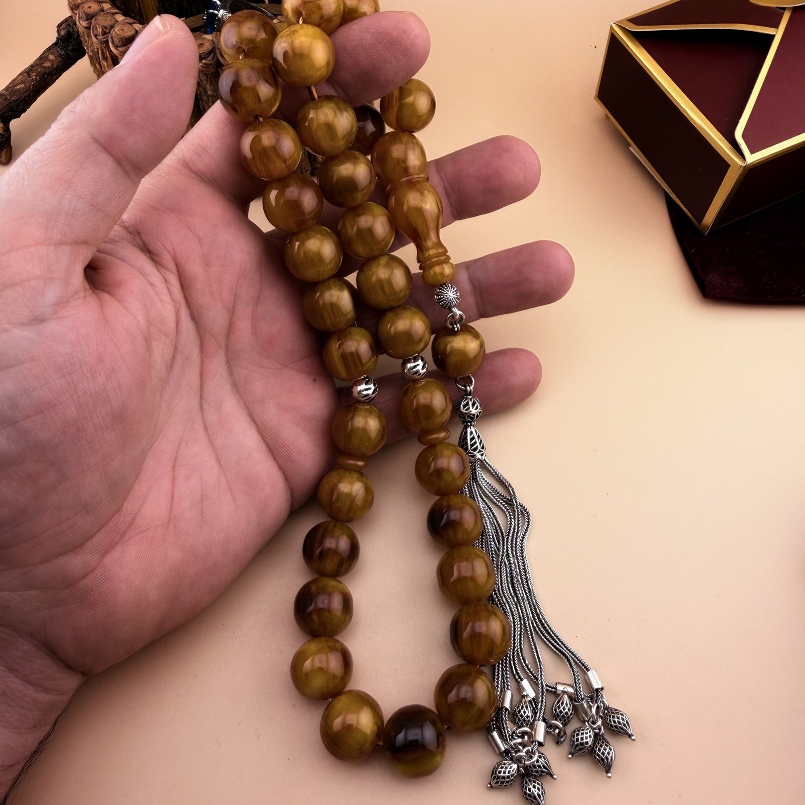 Old Misky 33Bead Islamic Tasbih Sterling Silver Tasselمسباح مسبحة مسكي شرابة فضة