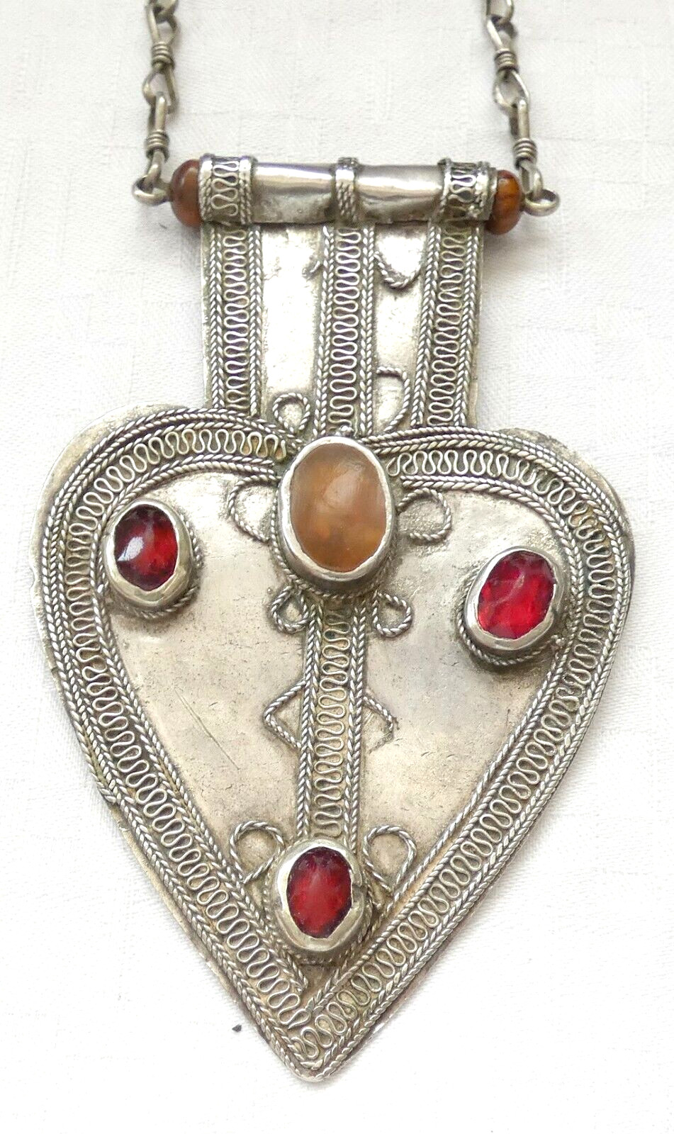 Turkeman Tekke Islamic antique filigree silver amulet pendant necklace gemstones