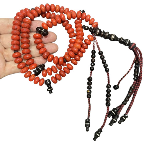 Prayer Beads inlaid 100 Tasbeeh Islamic Masbaha rosary of coral & Yusr مسبحة