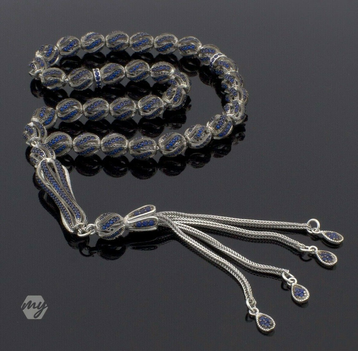 925 Sterling Silver Blue Cubic Zirconia Turkish Islamic Prayer Beads Rosary