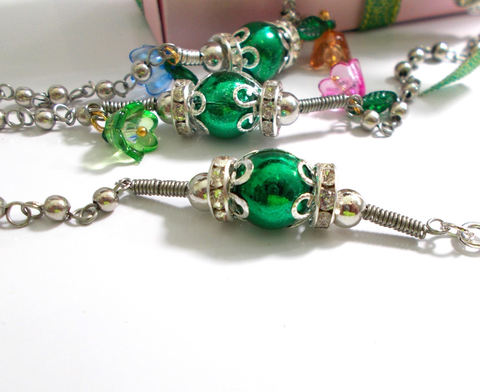 CATHOLIC ROSARY HANDMADE, FLOWERS WITH GREEN 12mm BEADS,RONDELLE SPACERS,COILS