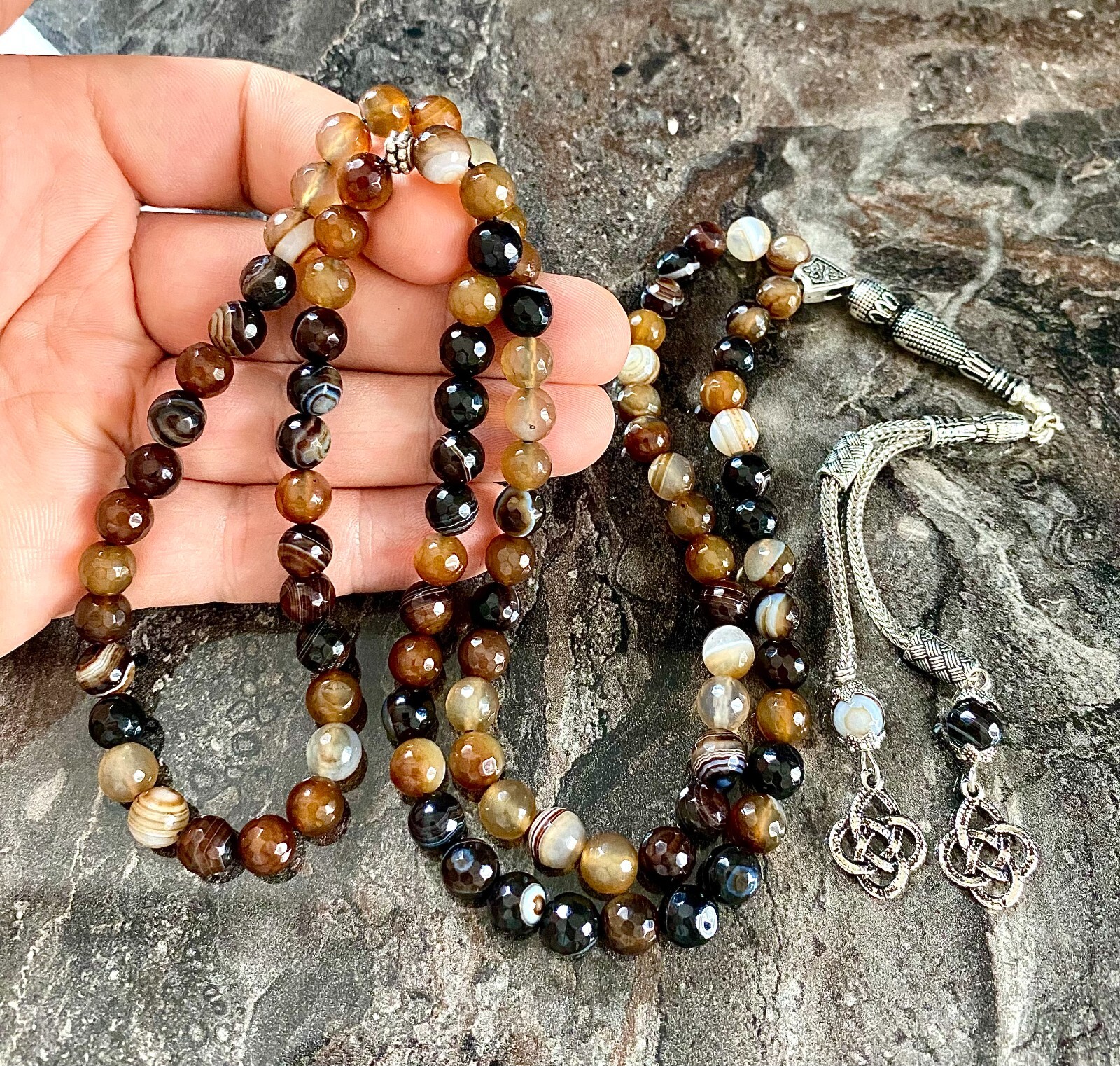 REAL Brown Agate Aqeeq Stone Islamic Prayer 99 beads, Tasbih Misbaha Tasbeeh 8mm