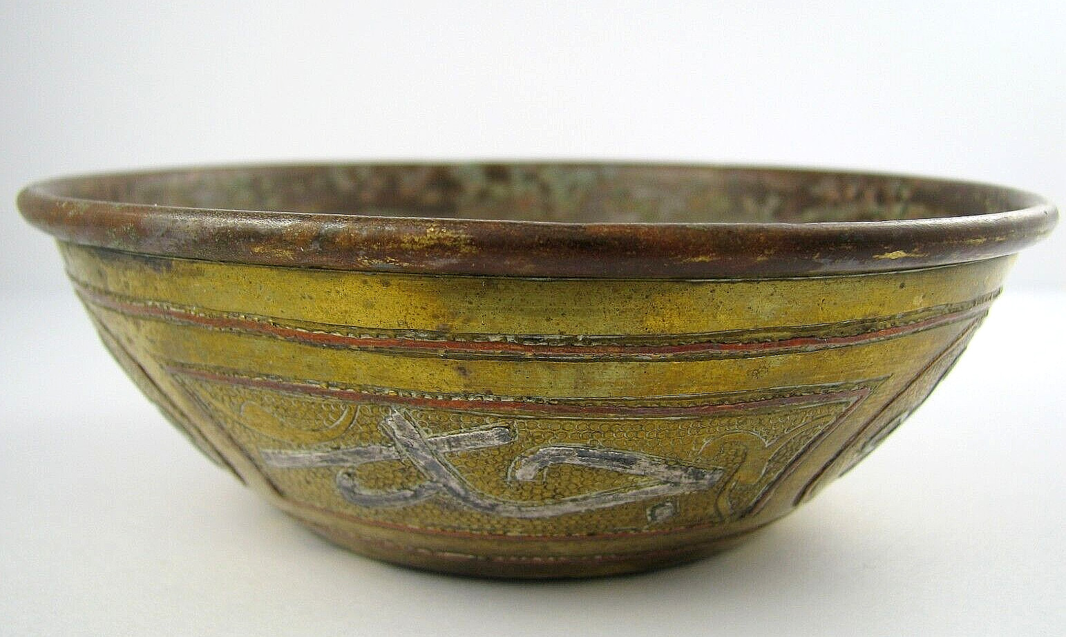 MAMLUK REVIVAL STYLE ISLAMIC ARABIC COPPER BOWL DISH BRASS SILVER OVERLAY c1900s