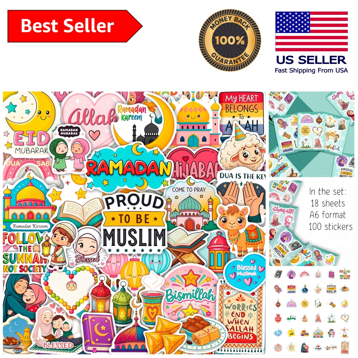 100 Islamic Stickers – Waterproof Decals for Laptop & Water Bottles, 5.8×4.13in