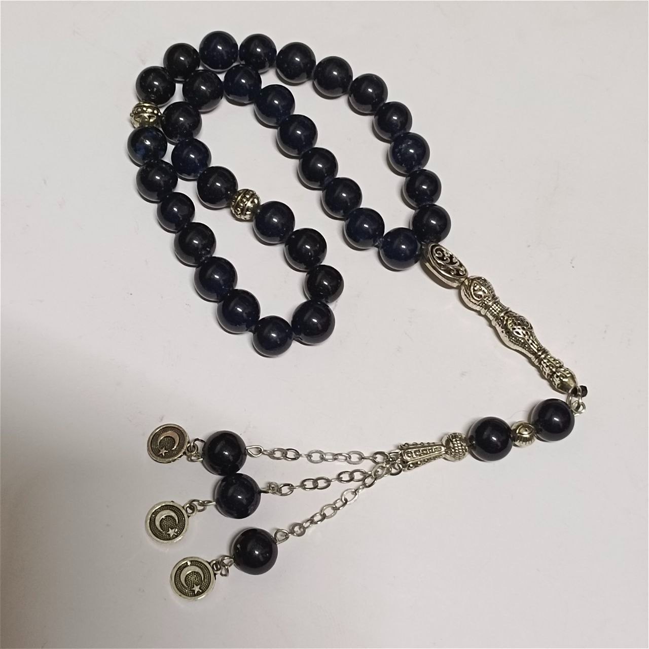 33 bead dark blue agate tasbih handcrafted silver details Egyptian prayer beads