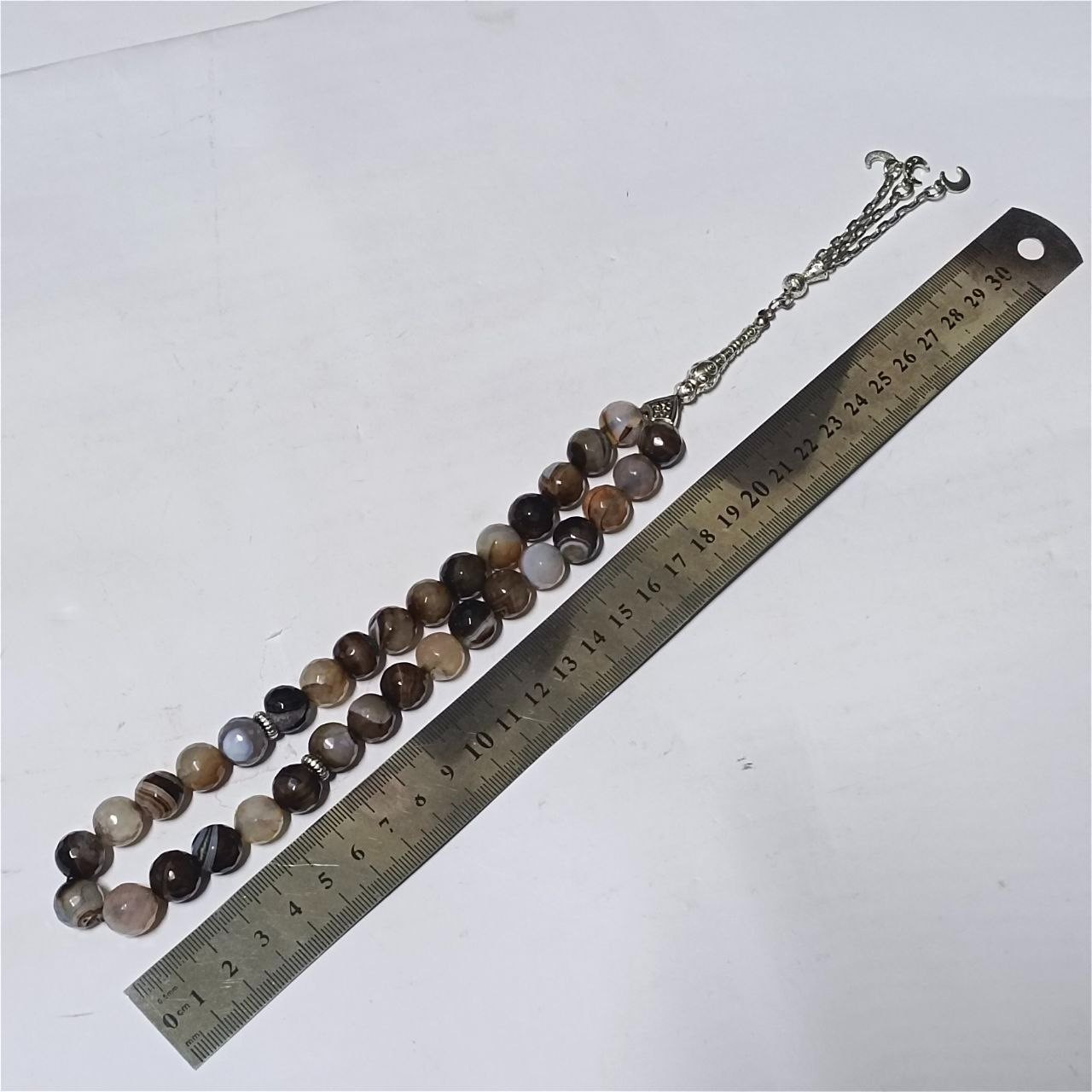33 Handmade Agate Stone Prayer Beads Tasbih with Silver Crescent Charms Tassel