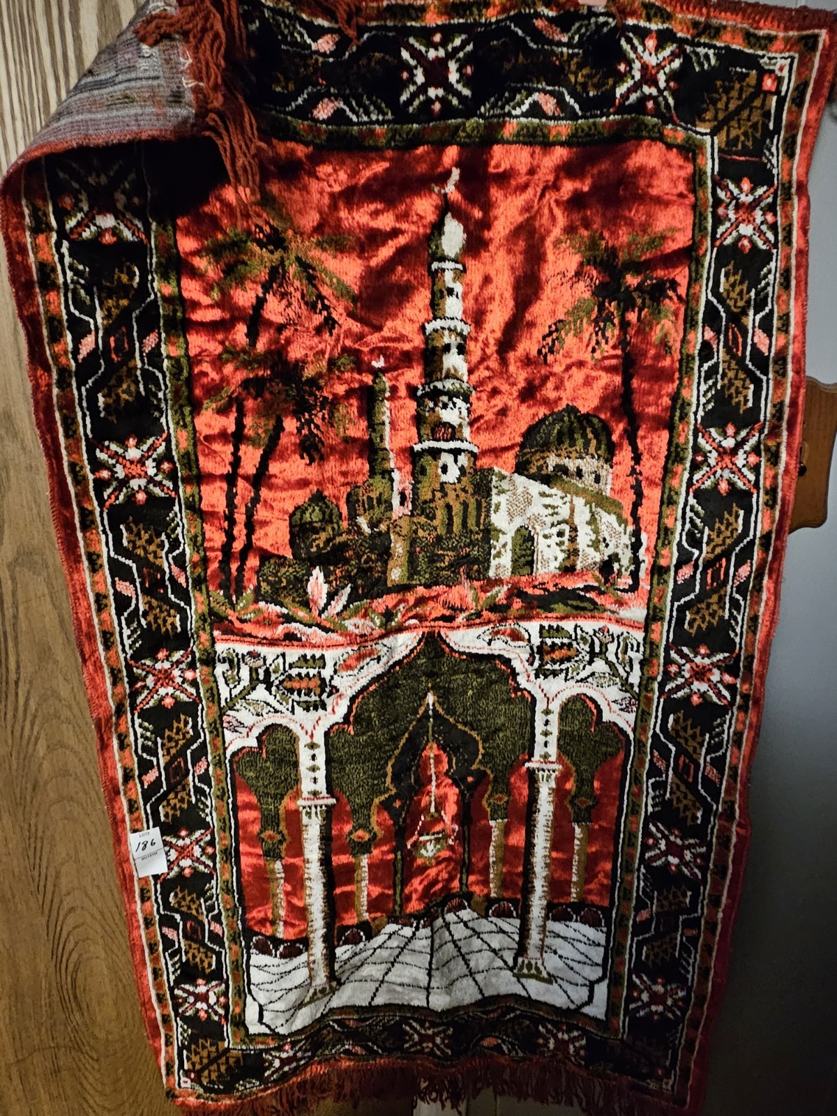 Islamic Prayer Rug Red Velvet-Style Pile Mosque/Minaret Design