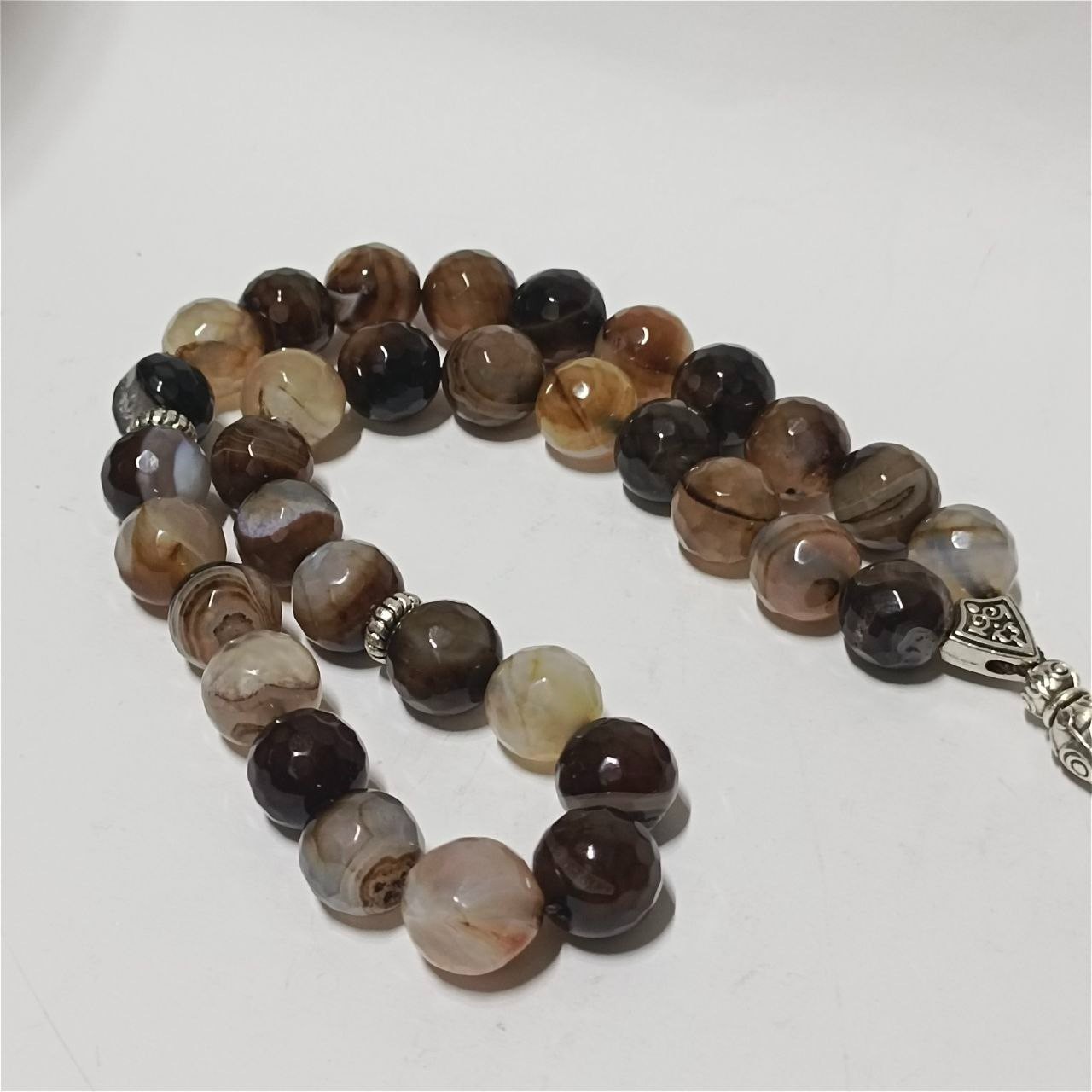 33 Handmade Agate Stone Prayer Beads Tasbih with Silver Crescent Charms Tassel