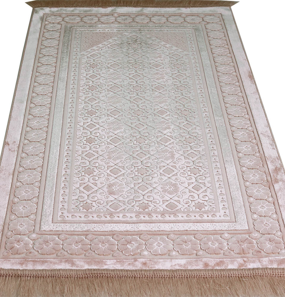 Modefa Luxury Velvet Islamic Prayer Rug Janamaz Sajjadah Floral Stamp Light Pink