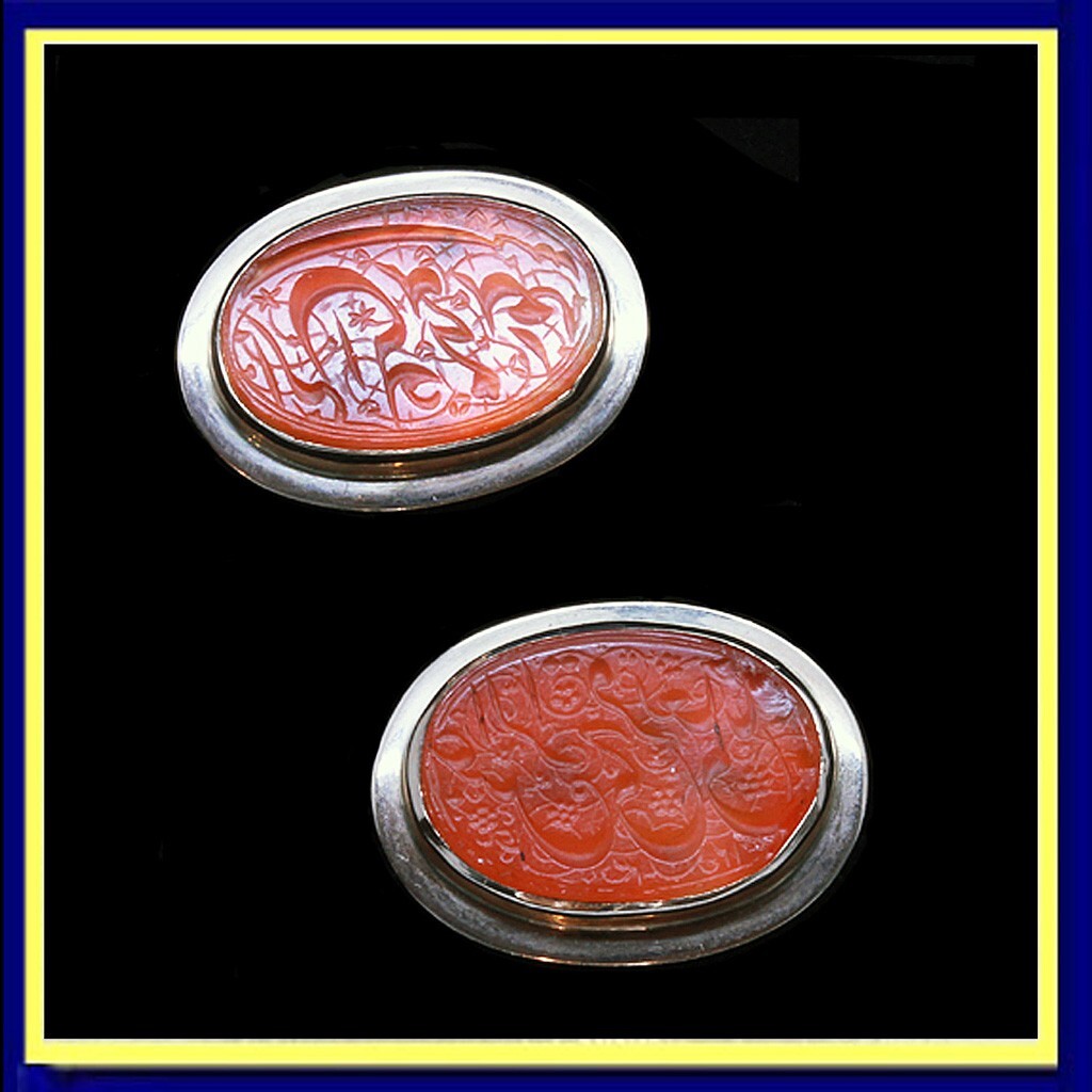 Antique Islamist Cufflinks carved carnelian c1800 in Retro 14k Gold Mounts(5294)